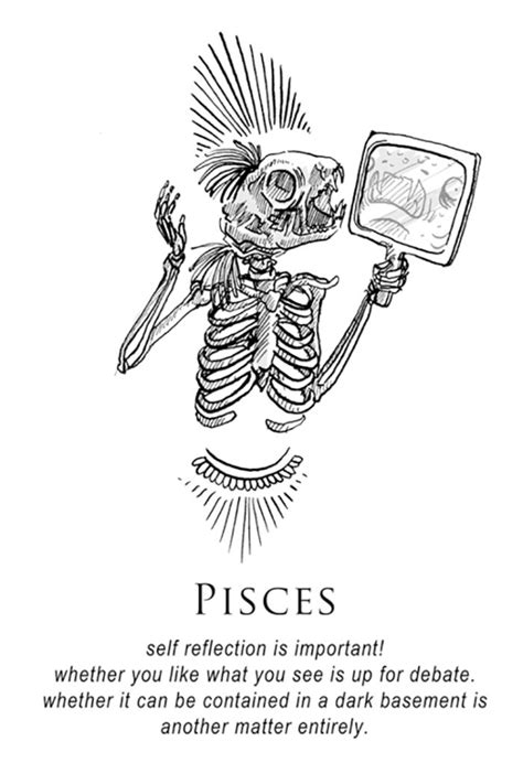 A Skeleton Holding A Mirror With The Caption Pisces