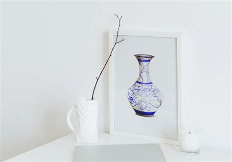 Blue And White Moroccan Vase A4 White Original Watercolor Painting