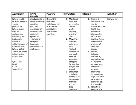 Postpartum Psychosis Careplan 1 Assessment Nursing Diagnosis Planning