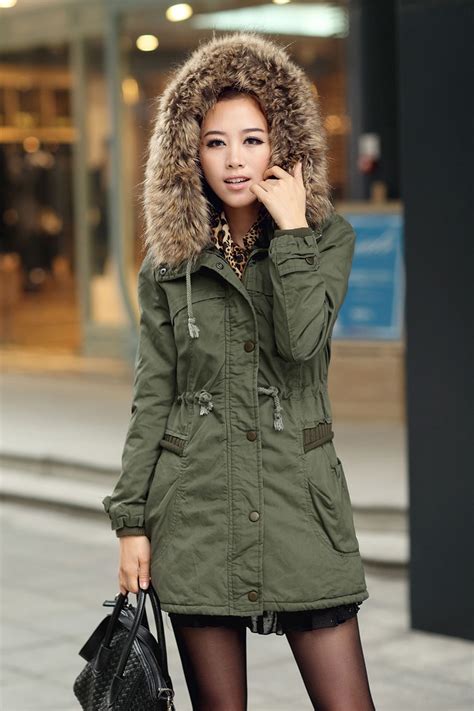 Womens Winter Coats Faux Fur Lining Parka With Fur Hood In Green On Luulla