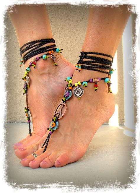 hippie boho peace sign barefoot sandals black and copper gypsy etsy