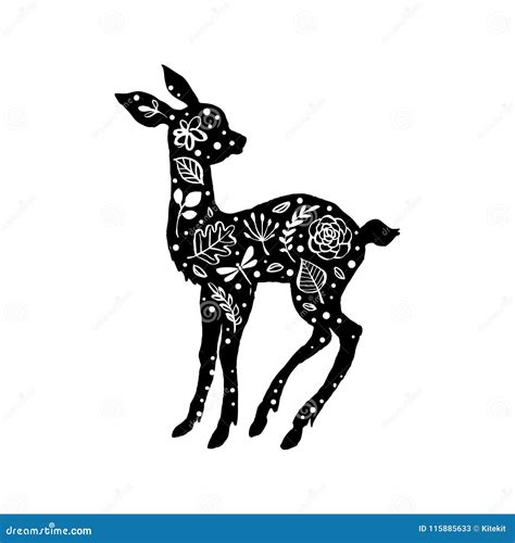 Silhouette Of Little Baby Deer Fawn With Flower Pattern Hand D Stock