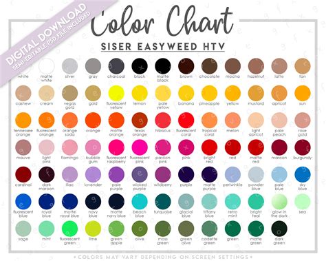 Semi Editable Siser Easyweed Htv Color Chart Updated 2022 Etsy Canada