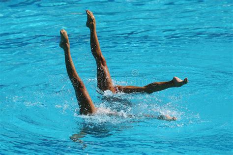 Synchronized Swimming Duet During Competition Stock Image Image Of