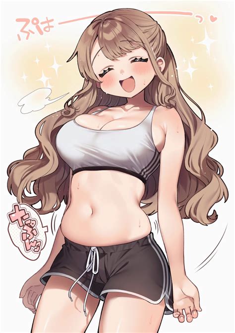 safebooru 1girl d 3 bangs bare arms belly black shorts blush breasts brown hair commentary