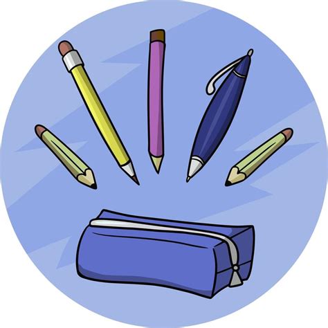 Set Of Pens And Pencils With A Blue Pencil Case Vector Illustration In