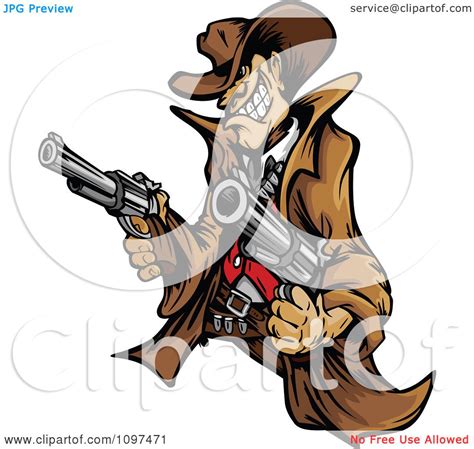 Clipart Wild West Cowboy Mascot Shooting Two Pistols Royalty Free