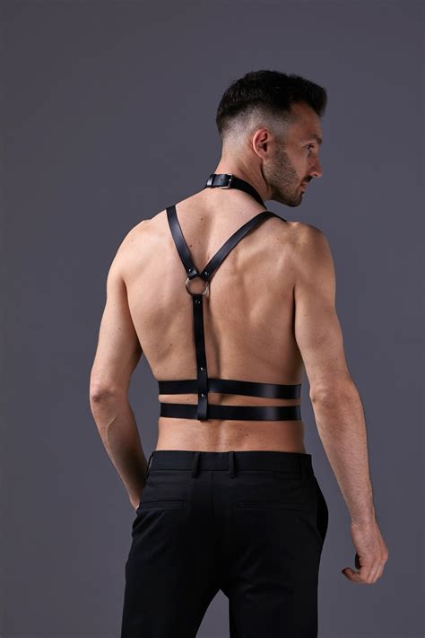 Leather Harness With Chain Collar For Men Bondage Kit Chest Etsy