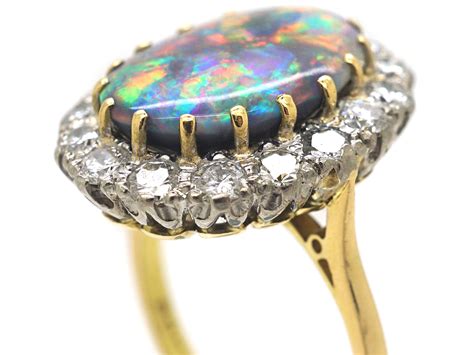 18ct White And Yellow Gold Black Opal And Diamond Cluster Ring 931n