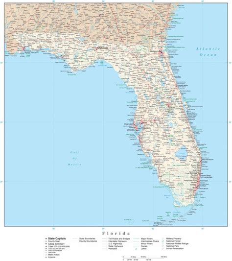 Detailed Florida Digital Map With County Boundaries Cities Florida