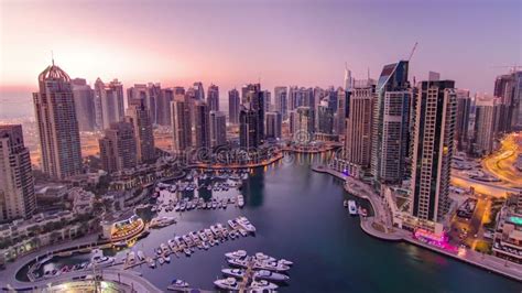 Dubai Marina Harbor Panorama From Night To Day Stock Footage Video Of