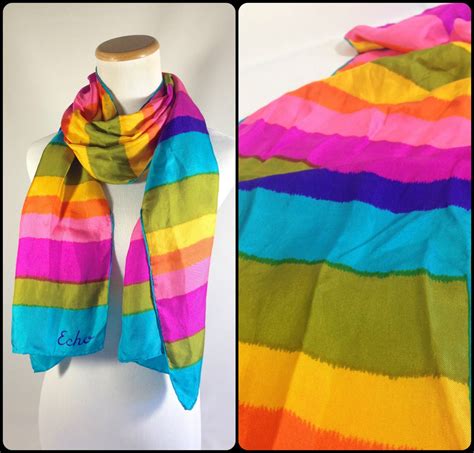 Bright Colorful Striped Silk Scarf Long Rainbow Neck Scarf Vintage