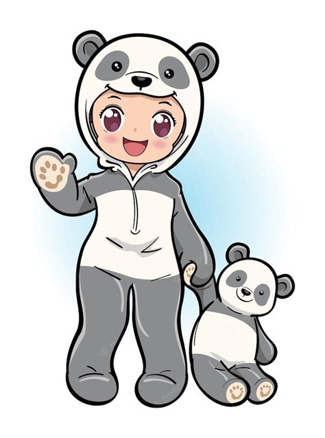 Premium Vector A Cute Girl In Panda Costume Holding A Panda Doll