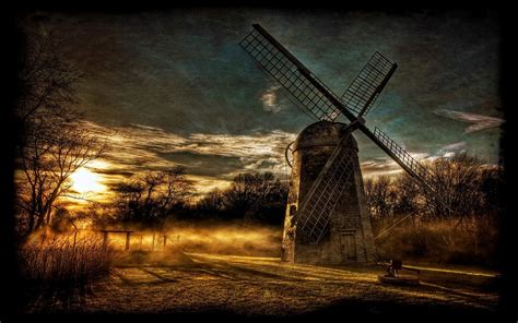 Nature Landscape Hdr Windmills Sunset Mist Shrubs Trees Sky