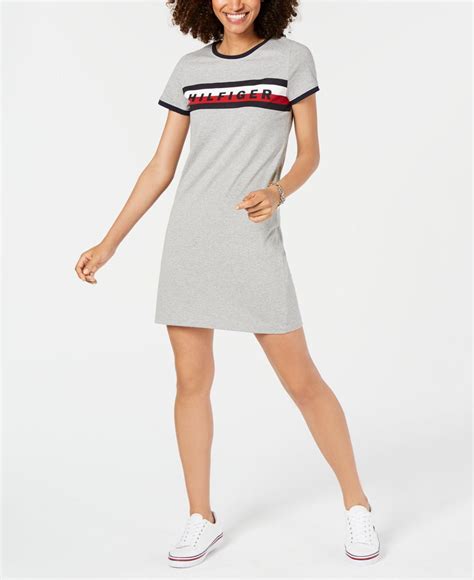 Tommy Hilfiger Cotton Logo Stripe T Shirt Dress Created For Macy S In Stone Gray Heather Gray