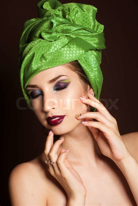 Beautiful Girl With Fashion Green Turban On Her Head Stock Image
