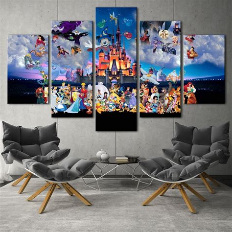 Disney Characters Magic Kingdom Cartoon 5 Panel Canvas Art Wall Decor