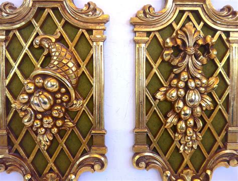 Pair Vintage Gold Ornate Wall Hangings Mid Century Wall Decor Cornucopia And Fruit Hollywood