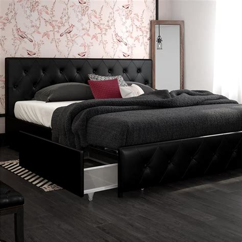 Dhp Dakota King Upholstered Bed With Storage Drawers In Black Faux Leather