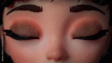 3d Cartoon Character Girl With Big Eyes Closed Close Up Portrait Of