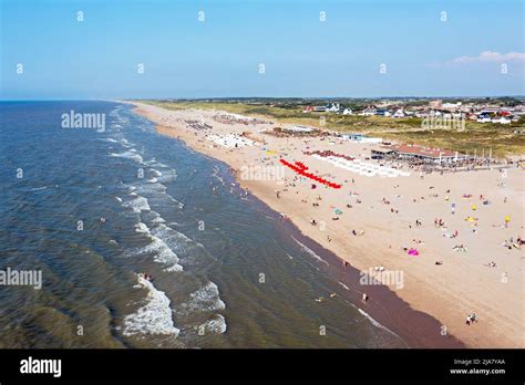 aerial from the beach in noordwijk aan zee in the netherlands on a beautiful summer day stock