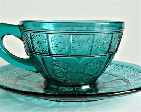 Depression Glass Doric And Pansy Teal Pretty Polly Cup And Etsy