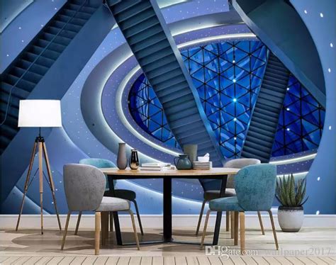 Custom 3d Wallpaper Mural 3d Geometric Blue Ring Staircase Science And