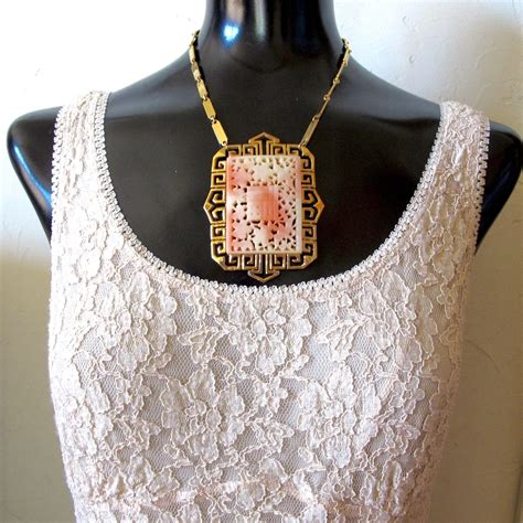 Vintage Vendome Faux Blush Coral Chinese Pendant Necklace 2hearts