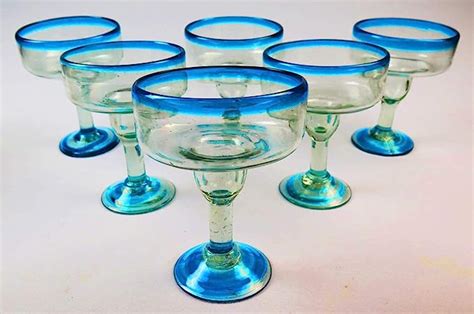 Mexican Margarita Glass With Turquoise Rim And Swirl Base Set Of 6 Margarita Glasses