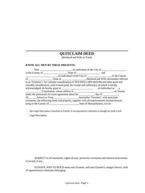 Quitclaim Deed Husband And Wife To Trust Massachusetts Form Fill Out