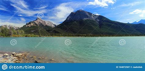 Canadian Rocky Mountains Landscape Panorama Of Gap Lake In Bow River