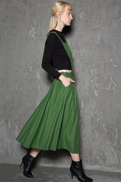 Apron Dress Wool Dress Green Winter Dress Long Wool Dress Warm