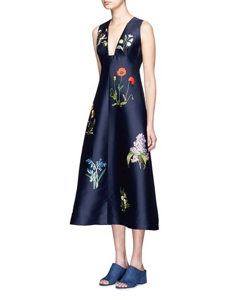 Stella Mccartney Floral Embroidery Duchesse Satin Flare Dress In Blue