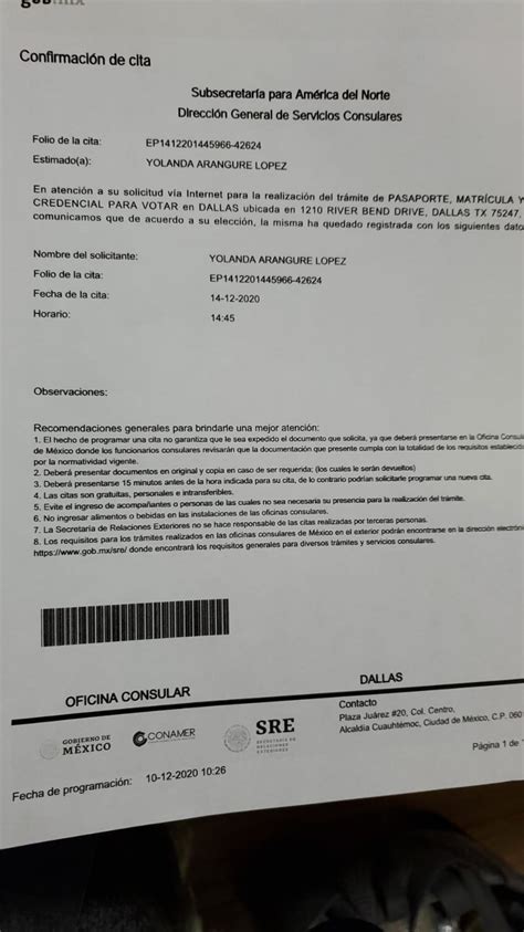 Recibo Al Comprar Una Cita Para Los Consulados Mexicanos Conexión