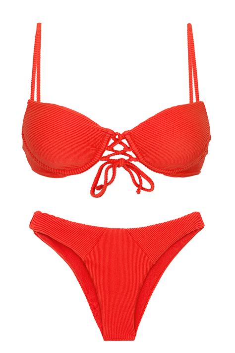 Textured Red Push Up Balconette Bikini With High Leg Bottom Set