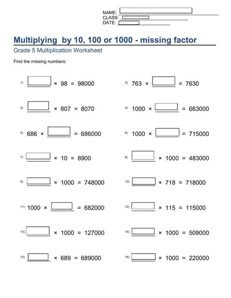 Multiplying By 10 100 And 1000 Worksheet