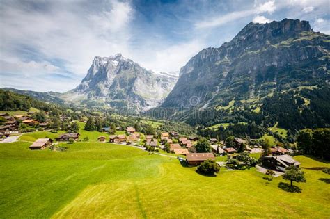 Sunny View Of Alpine Eiger Village Location Place Swiss Alps