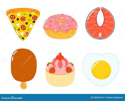 Funny Happy Fast Food Characters Set Vector Hand Drawn Cartoon Kawaii