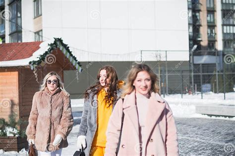 three beautiful russian girls are having fun on the street stock image image of russia