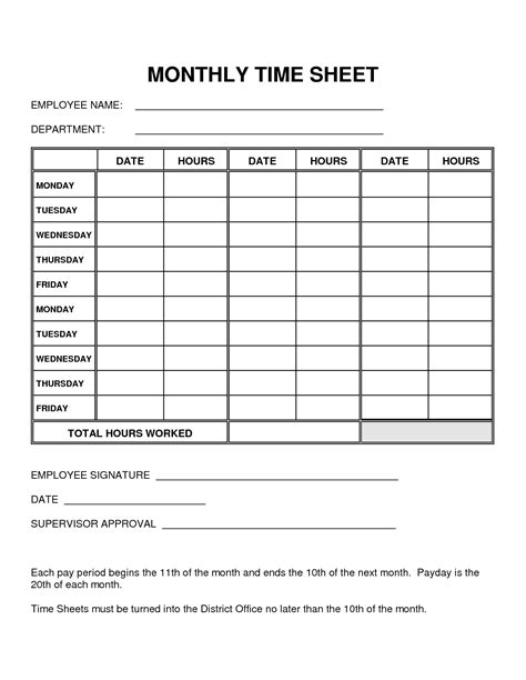 Printable Basic Monthly Timesheet Template Printable Templates