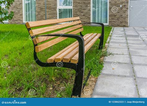 New Modern Park Bench Side View With Building Stock Image Image Of