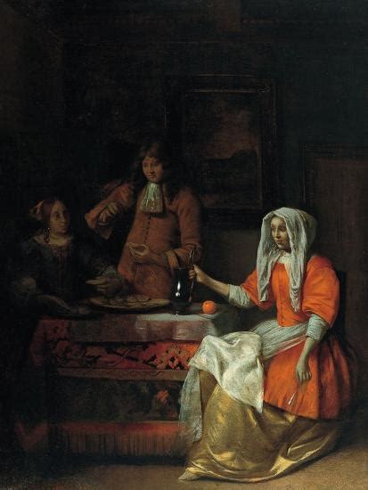 interior with two women and a man drinking and eating oysters giclee print pieter de hooch