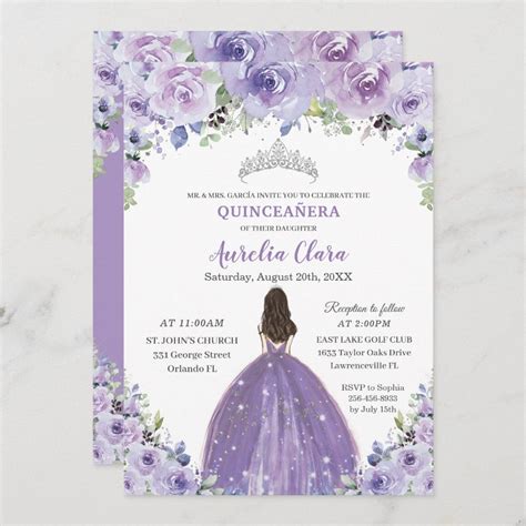 quinceañera purple lilac floral princess birthday invitation zazzle princess birthday