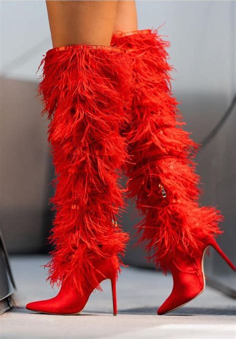 Yifsion Women Over Knee Thigh High Pointed Toe Feather Fringe Stiletto Heel Boots New Red White