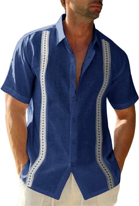 Men S Linen Shirt Cuban Camp Guayabera Shirts Short Sleeve Regular Fit