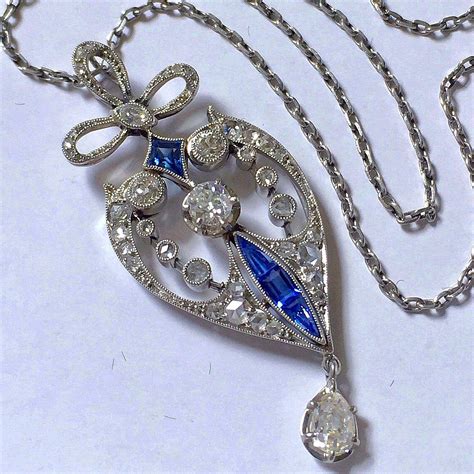 Antique Edwardian Platinum Diamond Sapphire Lavaliere Necklace From