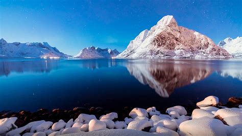 Winter Peaceful Lake Shore Stones Snow Mountains Blue Reflection In Water Wallpaper For