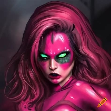 illustration of a pink widow spider woman with black hair and green eyes on craiyon