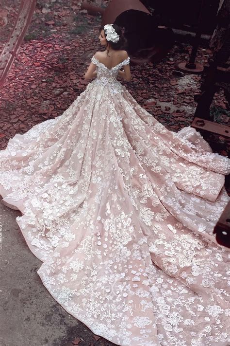 Floral Lace Nude Pink Wedding Gown With Cathedral Train VQ
