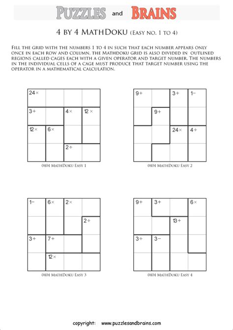 Printable 4 By 4 Easier Mathdoku Kenken Like Math Puzzles For Kids